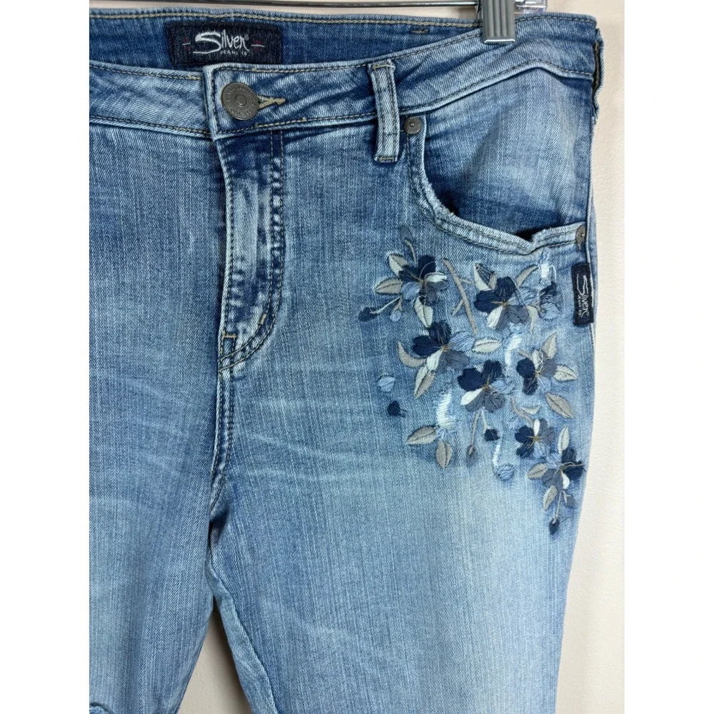Silver Jeans Izzy Ankle Skinny Distressed Floral Embroidered Jeans Women W30 L27